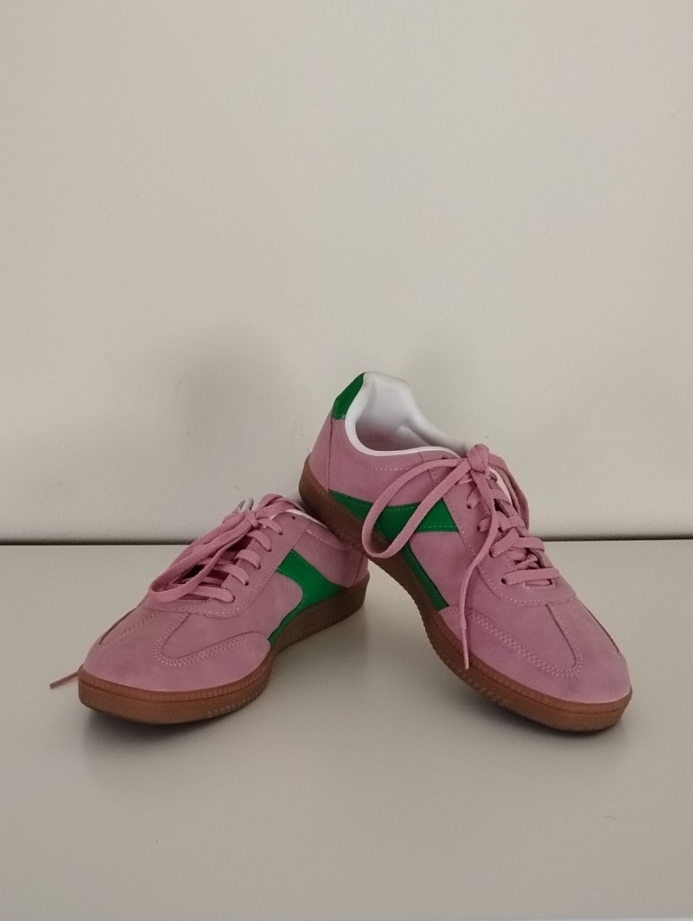 No Boundaries Pink Suede Lace-Up Sneakers with Green Accent